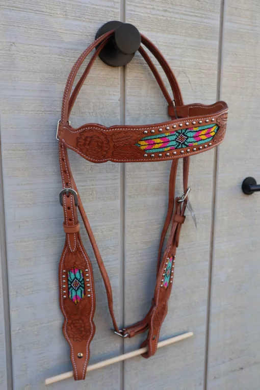 FF1F5B37 F0B6 4571 B2E3 649300D3A406 scaled Headstall with tooling and beaded Inlay